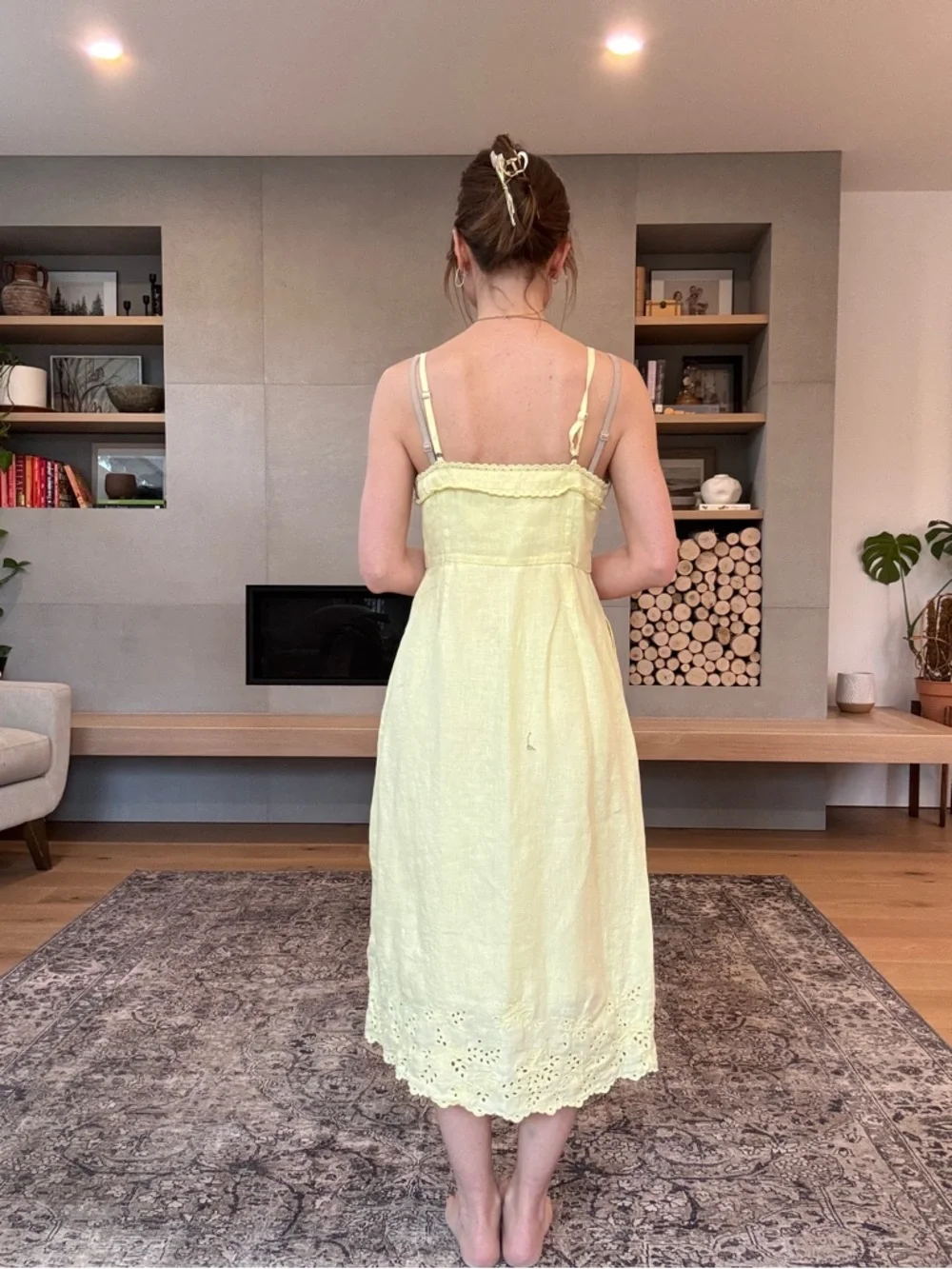 Wilfred 100% linen la boheme Yellow Eyelet Button-Front Midi Dress boho - Picture 5 of 17